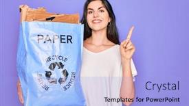  Presentation with eco bag - Slides featuring young-beautiful-woman-holding-recycle background and a light blue colored foreground