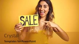  Presentation with poster - Beautiful slide deck featuring young beautiful woman holding sale poster over yellow isolated background very happy pointing with hand and finger backdrop and a gold colored foreground