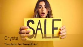  Presentation with poster - Beautiful PPT theme featuring young beautiful woman holding sale poster over yellow isolated background scared in shock with a surprise face afraid and excited with fear expression backdrop and a gold colored foreground