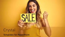 Presentation with poster - Cool new slide deck with young beautiful woman holding sale poster over yellow isolated background screaming proud and celebrating victory and success very excited cheering emotion backdrop and a gold colored foreground
