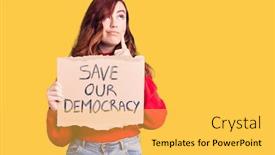  Presentation with democracy - Beautiful presentation theme featuring young-beautiful-woman-holding-save backdrop and a yellow colored foreground
