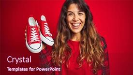  Presentation with sneakers - Audience pleasing slide set consisting of young beautiful woman holding sneakers standing over red isolated background with a happy face standing and smiling with a confident smile showing teeth backdrop and a crimson colored foreground
