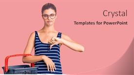  Presentation with supermarket - Cool new PPT theme with young-beautiful-woman-holding-supermarket backdrop and a coral colored foreground