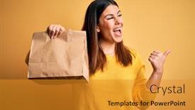  Presentation with yellow paper - PPT theme having young-beautiful-woman-holding-take background and a gold colored foreground