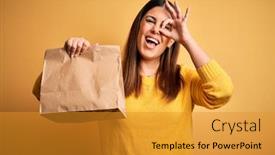  Presentation with yellow paper - Slide deck featuring young-beautiful-woman-holding-take background and a gold colored foreground