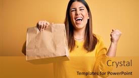  Presentation with emotion - Audience pleasing PPT theme consisting of young-beautiful-woman-holding-take backdrop and a gold colored foreground