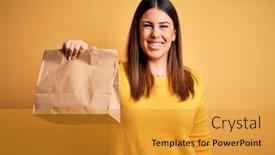  Presentation with yellow paper - Audience pleasing slide deck consisting of young-beautiful-woman-holding-take backdrop and a gold colored foreground