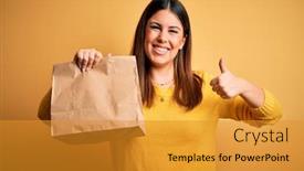  Presentation with yellow paper - Beautiful PPT theme featuring young-beautiful-woman-holding-take backdrop and a gold colored foreground