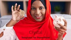  Presentation with piggy bank - PPT theme with young-beautiful-woman-holding-tron background and a red colored foreground