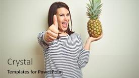  Presentation with tropical fruit - PPT theme with young-beautiful-woman-holding-tropical background and a light gray colored foreground