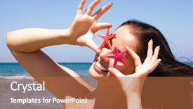  Presentation with starfish - Cool new PPT theme with young beautiful woman holding two starfish at the seaside backdrop and a red colored foreground