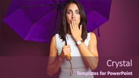  Presentation with shame - PPT layouts with young beautiful woman holding umbrella standing over purple isolated background cover mouth with hand shocked with shame for mistake expression of fear scared in silence secret concept background and a tawny brown colored foreground