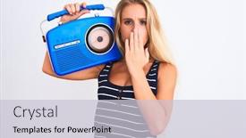  Presentation with vintage radio - Audience pleasing slide set consisting of young beautiful woman holding vintage radio standing over isolated white background cover mouth with hand shocked with shame for mistake expression of fear scared in silence secret concept backdrop and a light gray colored foreground
