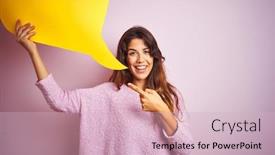  Presentation with bubble - Presentation with young beautiful woman holding yellow speech bubble standing over pink isolated background very happy pointing with hand and finger background and a soft green colored foreground