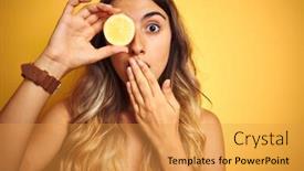  Presentation with shame - Slide set featuring young beautiful woman holding a lemon on eye over yellow isolated background cover mouth with hand shocked with shame for mistake expression of fear scared in silence secret concept background and a gold colored foreground