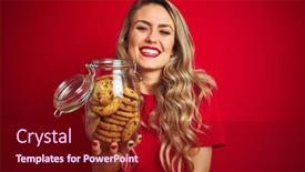  Presentation with cookies - Colorful presentation theme enhanced with young beautiful woman holding a jar of cookies over red isolated background with a happy face standing and smiling with a confident smile showing teeth backdrop and a wine colored foreground