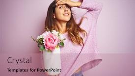  Presentation with hand holding flowers - Colorful presentation design enhanced with young beautiful woman holding a pot of flowers over pink isolated background stressed with hand on head shocked with shame and surprise face angry and frustrated fear and upset for mistake backdrop and a coral colored foreground