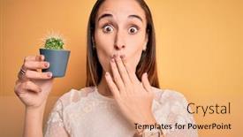  Presentation with hand holding plant - Colorful slides enhanced with young-beautiful-woman-holding backdrop and a coral colored foreground