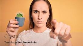  Presentation with hand holding plant - Cool new PPT layouts with young-beautiful-woman-holding backdrop and a coral colored foreground