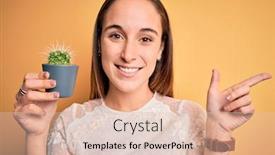  Presentation with hand holding plant - Presentation design enhanced with young-beautiful-woman-holding background and a lemonade colored foreground