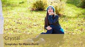  Presentation with autumn blue - Slide set consisting of young beautiful woman in black leather jacket and blue knitted hat posing in autumn park knitted hat background and a yellow colored foreground