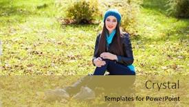  Presentation with autumn blue - Audience pleasing PPT theme consisting of young beautiful woman in black leather jacket and blue knitted hat posing in autumn park knitted hat backdrop and a yellow colored foreground