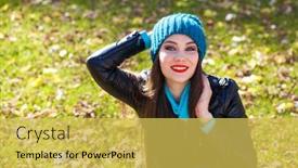  Presentation with autumn blue - Presentation design consisting of young beautiful woman in black leather jacket and blue knitted hat posing in autumn park knitted hat background and a yellow colored foreground