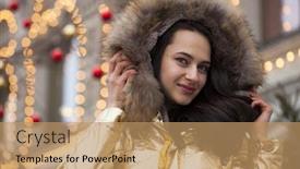  Presentation with golden woman - PPT theme enhanced with young beautiful woman in golden jacket with fur hood poses outdoors in winter background and a coral colored foreground