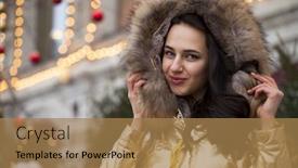  Presentation with golden woman - Amazing slides having young beautiful woman in golden jacket with fur hood poses outdoors in winter backdrop and a coral colored foreground