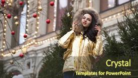  Presentation with golden woman - PPT theme having young beautiful woman in golden jacket with fur hood poses outdoors in winter background and a tawny brown colored foreground