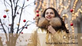  Presentation with golden woman - Presentation enhanced with young beautiful woman in golden jacket with fur hood poses outdoors in winter background and a coral colored foreground