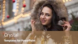  Presentation with golden woman - Beautiful presentation featuring young beautiful woman in golden jacket with fur hood poses outdoors in winter backdrop and a coral colored foreground