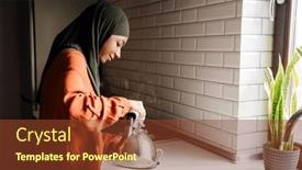  Presentation with hijab - Presentation design consisting of young-beautiful-woman-in-hijab background and a tawny brown colored foreground