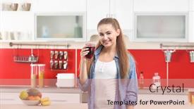  Presentation with juice - Presentation theme enhanced with young beautiful woman in kitchen drinking juice background and a coral colored foreground