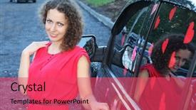  Presentation with pink wedding - Beautiful PPT theme featuring young beautiful woman in red dress stands near to black wet offroader with stickers hearts pink wedding backdrop and a red colored foreground