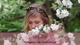 Presentation with smell - Presentation theme enhanced with young beautiful woman in red and white dress enjoying smell of blooming tree on a sunny day background and a coral colored foreground