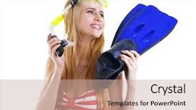  Presentation with mask - Colorful PPT theme enhanced with young beautiful woman in swimsuit posing with diving mask and flippers isolated on white backdrop and a coral colored foreground