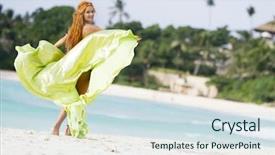  Presentation with arabic woman - Slide deck enhanced with young beautiful woman in traditional arabic clothes belly-dancer on natural background background and a sky blue colored foreground