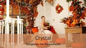  Presentation with fall leaves - Beautiful slides featuring young beautiful woman in vintage dress on autumn porch beauty girl in fall orange leaves backdrop and a coral colored foreground