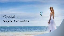  Presentation with tropical wedding - Presentation design enhanced with young beautiful woman in wedding dress on tropical beach and water background background and a light blue colored foreground