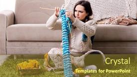  Presentation with knitting - Audience pleasing presentation design consisting of young beautiful woman knitting at home backdrop and a tawny brown colored foreground