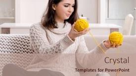  Presentation with knitting - Theme having young-beautiful-woman-knitting background and a coral colored foreground