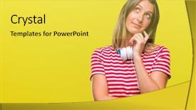  Presentation with listening woman - Audience pleasing slides consisting of young beautiful woman listening music backdrop and a  colored foreground