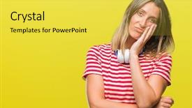  Presentation with music audio enthusiasts - Presentation theme having young beautiful woman listening music background and a  colored foreground