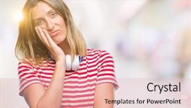  Presentation with listening woman - Cool new slides with young beautiful woman listening music backdrop and a  colored foreground