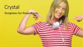  Presentation with listening woman - PPT theme featuring young beautiful woman listening music background and a  colored foreground