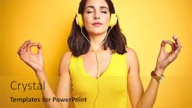  Presentation with listening woman - Beautiful PPT theme featuring young beautiful woman listening to music using headphones over yellow isolated background relax and smiling with eyes closed doing meditation gesture with fingers yoga concept backdrop and a gold colored foreground