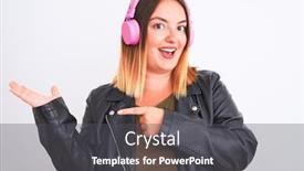  Presentation with listening woman - PPT layouts having young beautiful woman listening to music using headphones over isolated white background amazed and smiling to the camera while presenting with hand and pointing with finger background and a dark gray colored foreground
