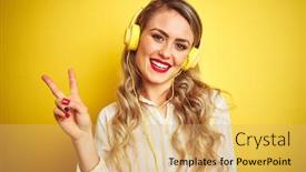  Presentation with yellow music - Presentation theme with young beautiful woman listening to music using headphones over yellow isolated background smiling with happy face winking at the camera doing victory sign number two background and a yellow colored foreground