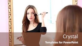  Presentation with mirror - PPT theme featuring young-beautiful-woman-making-make background and a tawny brown colored foreground